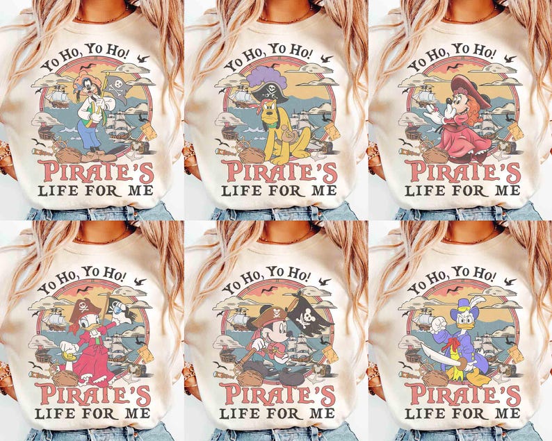 May include: Cream-colored t-shirts with various cartoon pirate characters and the text "Yo Ho, Yo Ho!" and "Pirate's Life For Me" in a vintage style. Each shirt features a different character in a pirate-themed design.