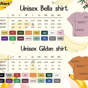Op de afbeelding: Maattabel voor Unisex Bella en Gildan shirts, met afmetingen voor breedte, lengte en mouwlengte in inches. Kleurstalen zijn onder meer zwart, geel, rood, olijf, oranje, goud, bosgroen, wit, roze, marine, paars en meer.