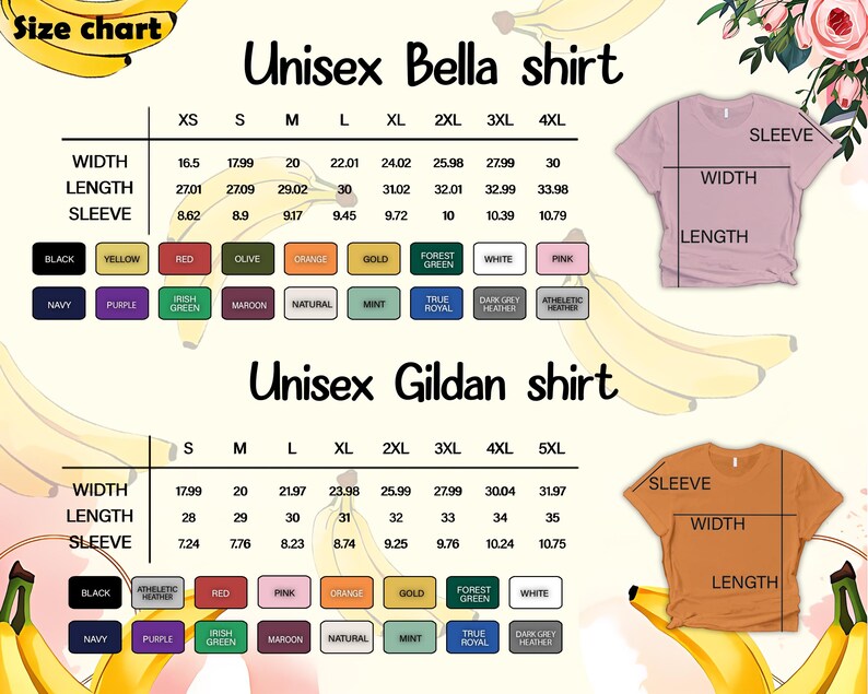 Op de afbeelding: Maattabel voor Unisex Bella en Gildan shirts, met afmetingen voor breedte, lengte en mouwlengte in inches. Kleurstalen zijn onder meer zwart, geel, rood, olijf, oranje, goud, bosgroen, wit, roze, marine, paars en meer.