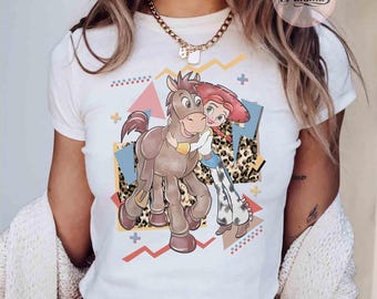 T-shirt bébé Jessie And Bullseye aquarelle rétro des années 90, T-shirt femme court Disney Pixar Toy Story, T-shirt familial Disneyland, vacances en famille WDW