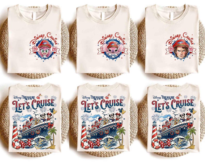 May include: Off-white t-shirts featuring Disney Cruise 2026 graphics with various character portraits on the chest, and Disney Treasure Let's Cruise designs with a cruise ship, lighthouse, and Mickey and Minnie Mouse on the main print.