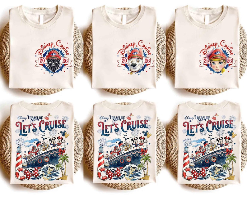 May include: Six off-white t-shirts featuring Disney Cruise 2026 graphics. The top row shows small chest prints with character heads in captain hats. The bottom row displays large prints of a cruise ship, fireworks, and Disney characters.
