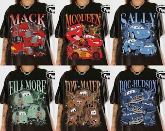 Vintage Bootleg Disney Pixar Cars Characters Shirt, Lightning McQueen Mater Doc Hudson Sally Birthday Cars Family Tee, Disney Girls Trip