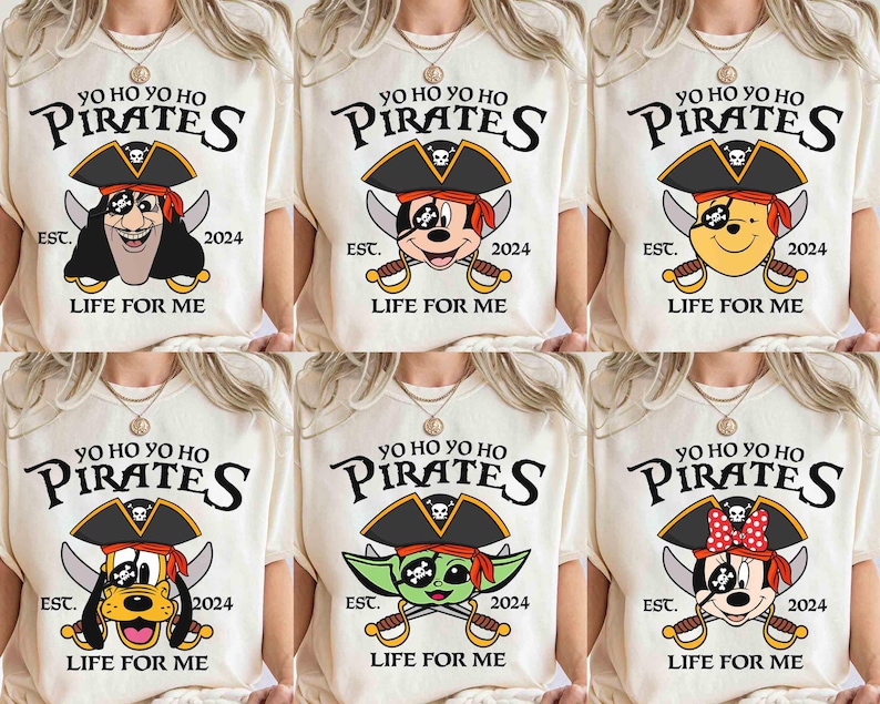 May include: Six white t-shirts with a pirate theme. Each shirt features a different cartoon character, including Mickey Mouse, Donald Duck, Goofy, and Minnie Mouse. The shirts all have the text "Yo Ho Yo Ho Pirates" and "Life for Me" printed on them.
