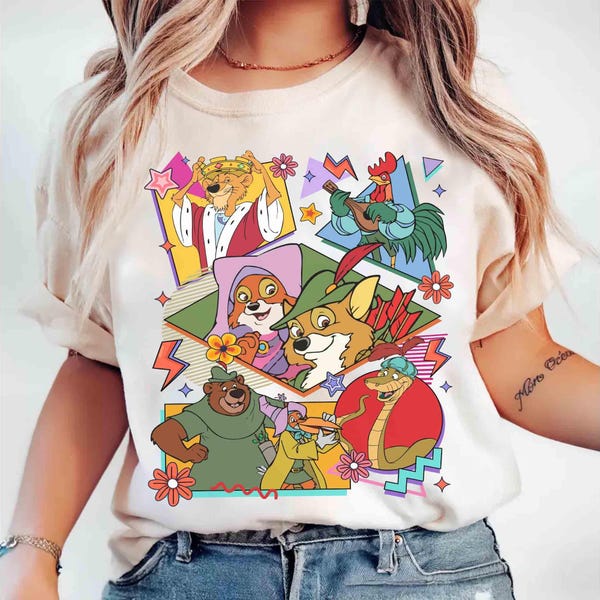 Vintage Robin Hood-personages groep retro jaren 90 T-shirt, Disney Sir Hiss Marian John Tee, WDW Magic Kingdom Disneyland vakantie familiecadeau