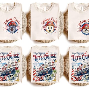 May include: Six off-white t-shirts featuring Disney Cruise 2026 graphics. The top row shows character portraits with the text Disney Cruise 20 26. The bottom row displays a cruise ship, lighthouse, and the text Disney Treasure Let's Cruise.