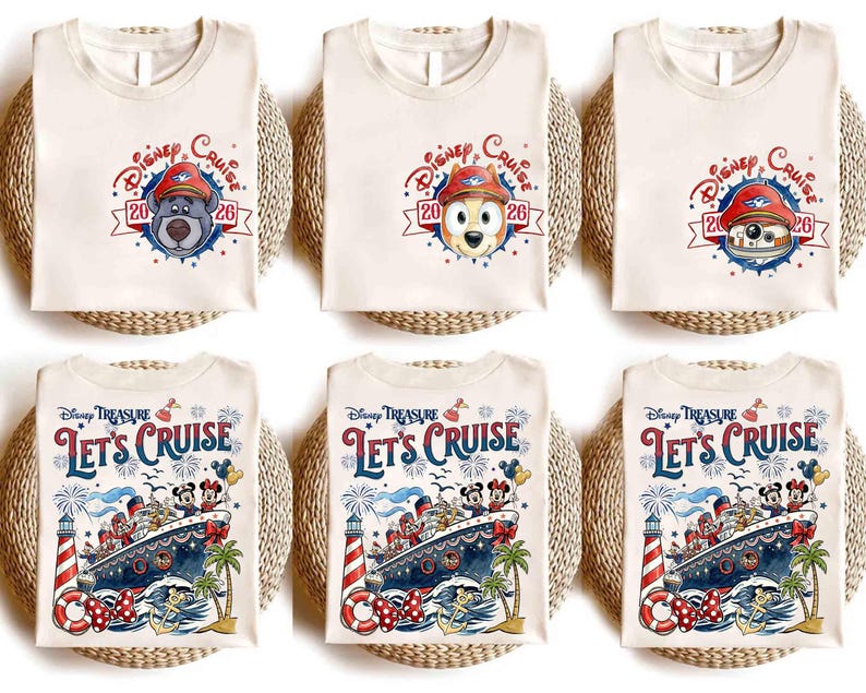 May include: Six off-white t-shirts featuring Disney Cruise 2026 graphics. The top row shows character portraits with the text Disney Cruise 20 26. The bottom row displays a cruise ship, lighthouse, and the text Disney Treasure Let's Cruise.
