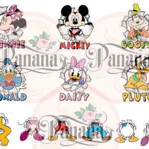 May include: A set of cartoon character illustrations featuring Mickey Mouse, Minnie Mouse, Donald Duck, Daisy Duck, Goofy, and Pluto. Each character is shown bursting through a torn paper effect, with their names written below in vibrant colours.