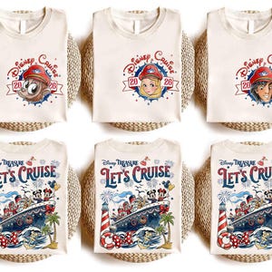 May include: Six off-white t-shirts featuring Disney Cruise 2026 graphics. The top row shows character portraits in red captain hats. The bottom row displays a cruise ship, lighthouse, palm trees, and the text Disney Treasure Let's Cruise.