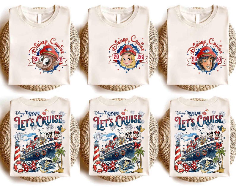 May include: Six off-white t-shirts featuring Disney Cruise 2026 graphics. The top row shows character portraits in red captain hats. The bottom row displays a cruise ship, lighthouse, palm trees, and the text Disney Treasure Let's Cruise.