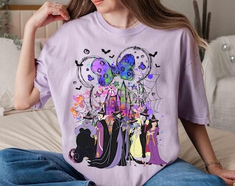 Camiseta de Halloween con el Castillo de los Villanos de Disney en Acuarela, Camiseta de Halloween del Club de Brujas Malas de Disney en Magic Kingdom, Viaje a Disneyland 2026