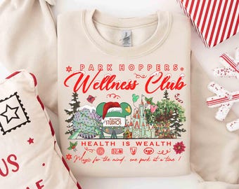 Felpa natalizia del Disney Park Hoppers Wellness Club, Magic Kingdom, Animal Kingdom, Hollywood Studios, maglietta natalizia di Epcot, maglietta natalizia per tutta la famiglia