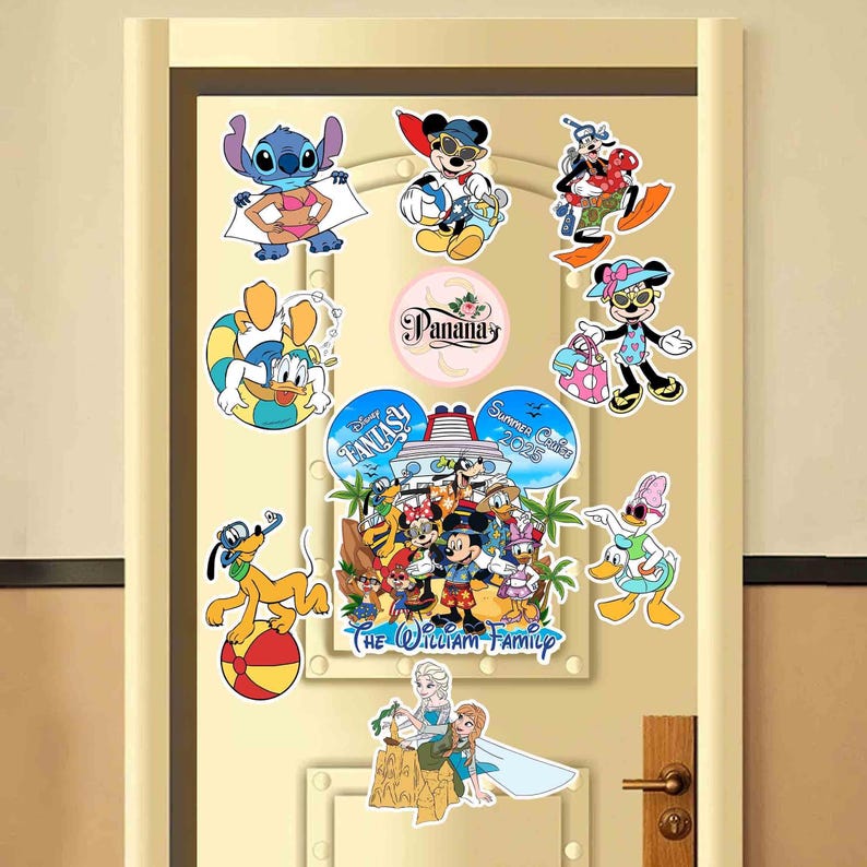 May include: A door decorated with Disney characters, including Mickey Mouse, Minnie Mouse, Stitch, Goofy, and Donald Duck. The characters are all wearing summer clothes and are holding various items, such as beach balls, sunglasses, and bags. The door also has a sign that says "The William Family" and a sticker that says "Summer Cruise 2023".