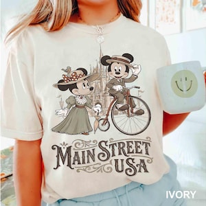 Vintage Musse och Mimmi Main Street USA-tröja, klassisk Disney-tröja för par på cykel, t-shirt med Disney-motiv, WDW Magic Kingdom-kläder bild 5