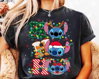 Disney Santa Stitch Ho Ho Ho kerstverlichting shirt, Mickey's Very Merry Xmas Party bijpassende Tee, Disneyland vakantie vakantie 2026 reiscadeau