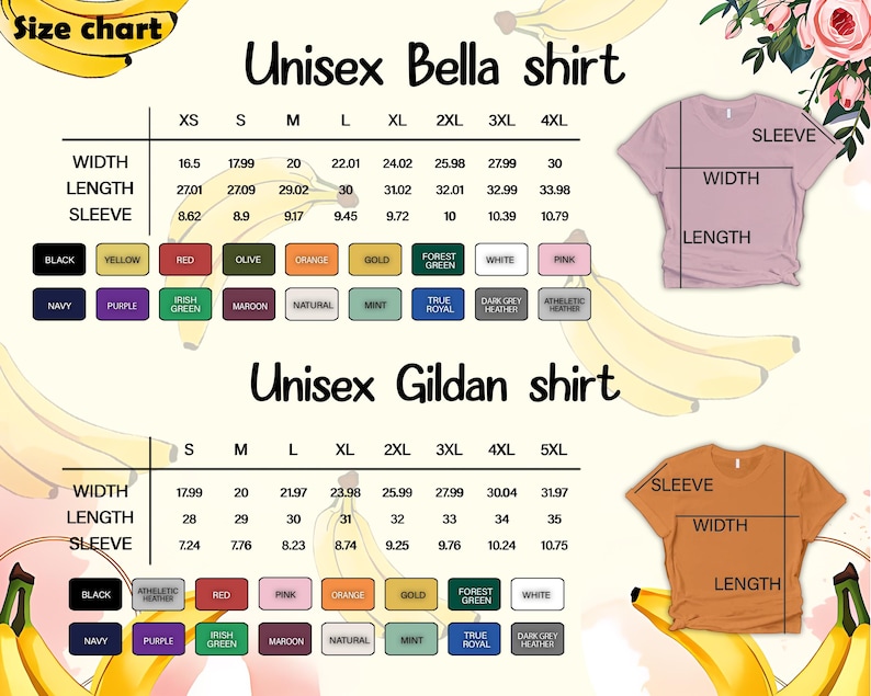 May include: Size chart for Unisex Bella and Gildan shirts. Includes measurements for width, length, and sleeve length in inches. Color options are displayed in a grid, including black, yellow, red, and more.