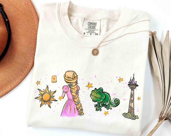 Watercolor Disney Tangled Rapunzel Princess Sketch T-Shirt, Rapunzel And Pascal Tee, Flynn Rider Tee, Girly Aesthetic Disney Girls Trip Tee