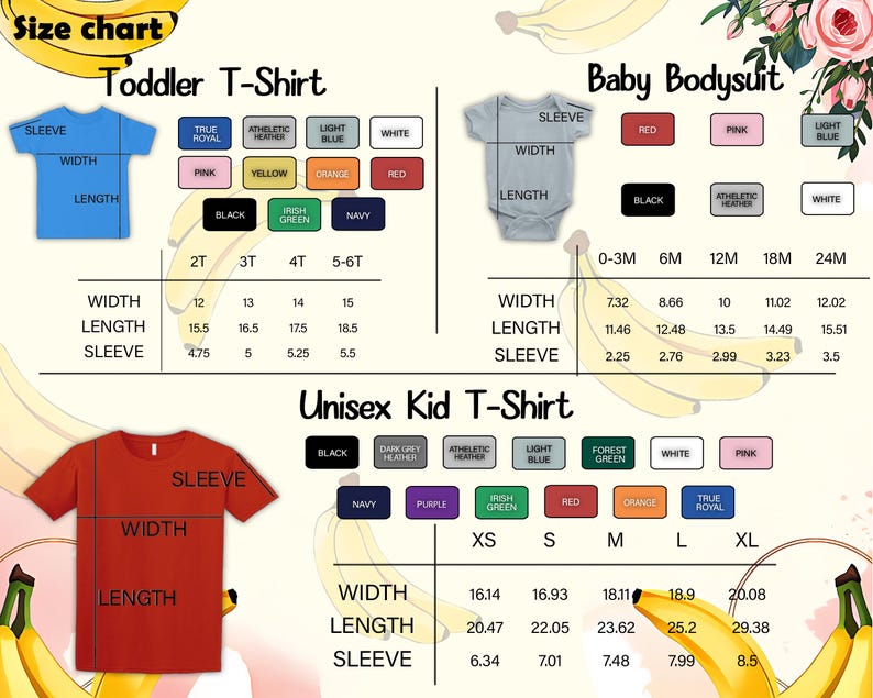 May include: A size chart for toddler, baby, and unisex kid t-shirts and bodysuits. The chart includes measurements for width, length, and sleeve length in inches. Color options are also displayed.