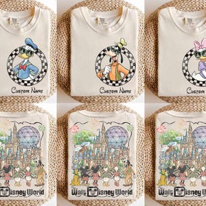 May include: Cream-colored t-shirts featuring Disney characters Donald Duck, Goofy, and Daisy Duck, each in a checkered circle with the text "Custom Name." The bottom row displays shirts with a colorful Walt Disney World design.