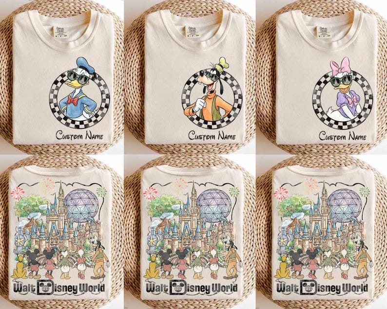 May include: Cream-colored t-shirts featuring Disney characters Donald Duck, Goofy, and Daisy Duck, each in a checkered circle with the text "Custom Name." The bottom row displays shirts with a colorful Walt Disney World design.