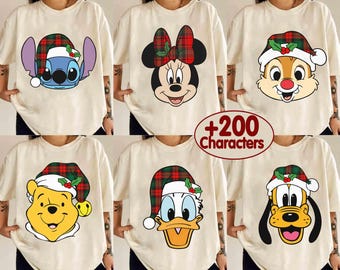 Disney Alle Charaktere Weihnachten Bogen Kariertes Urlaub Shirt, Micky und Freunde Weihnachtskostüm T-Shirt, Micky's Merry Xmas Party 2026 Geschenk