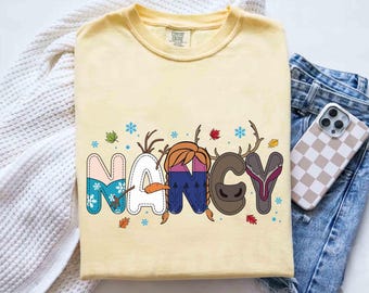 Camiseta personalizada de Disney Frozen con nombre personalizado, camiseta personalizada de Disney Elsa, Anna, Olaf, Kristoff y Sven, camiseta para viaje familiar a Disneyland 2026