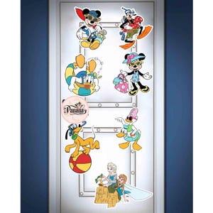 May include: A set of six colorful Disney character stickers featuring Mickey Mouse, Minnie Mouse, Donald Duck, Goofy, and Daisy Duck. The stickers are perfect for decorating a door, wall, or any other surface. The stickers are all wearing summer clothes and accessories, such as sunglasses, hats, and swimsuits. The stickers are all smiling and looking happy. The stickers are all on a white background.