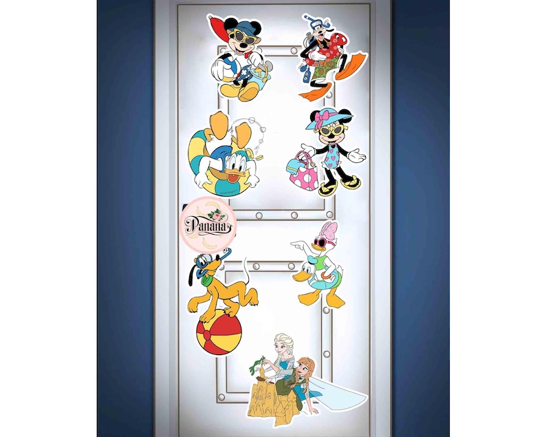 May include: A set of six colorful Disney character stickers featuring Mickey Mouse, Minnie Mouse, Donald Duck, Goofy, and Daisy Duck. The stickers are perfect for decorating a door, wall, or any other surface. The stickers are all wearing summer clothes and accessories, such as sunglasses, hats, and swimsuits. The stickers are all smiling and looking happy. The stickers are all on a white background.