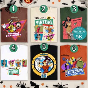 Puede incluir: Seis camisetas runDisney con diseños variados. Cada camiseta presenta un diseño diferente con personajes de dibujos animados y el texto "Virtual 5K" o "Virtual Challenge". Los colores incluyen marrón, beige, verde, blanco, negro y naranja. Para un evento de carrera virtual.
