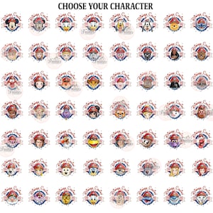 May include: A grid of circular graphic designs featuring various cartoon characters wearing red captain hats, each labeled with the text CHOOSE YOUR CHARACTER and Disney Cruise 2026. The icons display diverse animated figures in a uniform style.