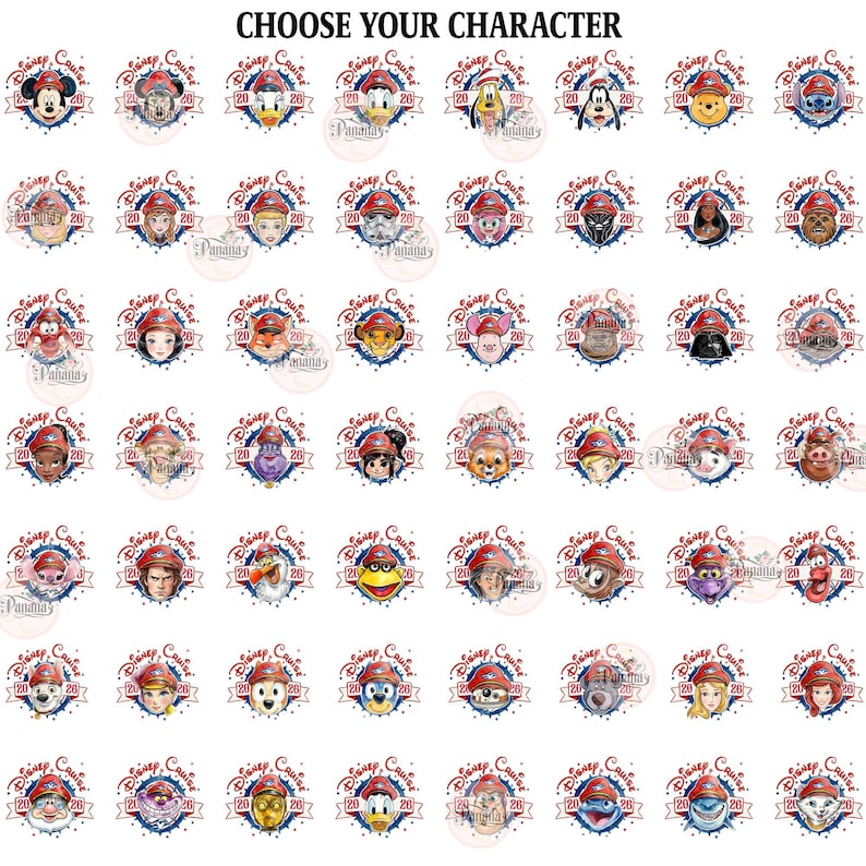 May include: A grid of circular graphic designs featuring various cartoon characters wearing red captain hats, each labeled with the text CHOOSE YOUR CHARACTER and Disney Cruise 2026. The icons display diverse animated figures in a uniform style.