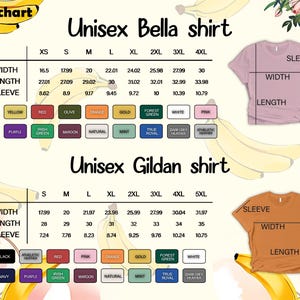 May include: A size chart for Unisex Bella and Gildan shirts featuring two tables with width, length, and sleeve measurements in inches. The image includes colour swatches for various shirt options and diagrams showing sleeve, width, and length points.