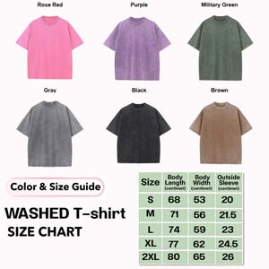 May include: Six short-sleeved crew neck t-shirts in rose red, purple, military green, gray, black, and brown. The image includes a Color & Size Guide, a Washed T-shirt Size Chart, and a table listing body length, width, and sleeve in centimeters.
