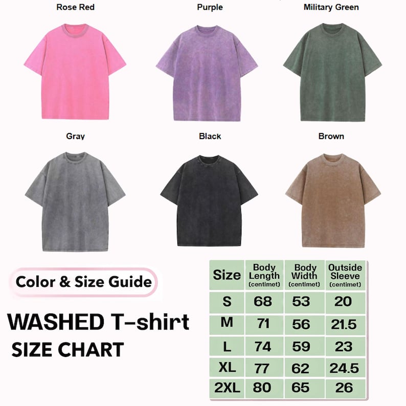 May include: Six short-sleeved crew neck t-shirts in rose red, purple, military green, gray, black, and brown. The image includes a Color & Size Guide, a Washed T-shirt Size Chart, and a table listing body length, width, and sleeve in centimeters.