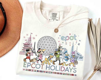 Comfort kleur Mickey & Friends Epcot Holidays-shirt, World Showcase Skyline-T-shirt, Epcot Travel Around The World, Epcot Festival-gezinsuitje