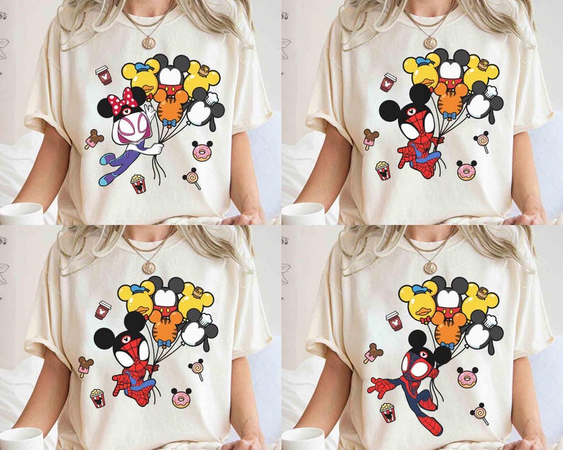 Puede incluir: Camisetas color crema con gr&aacute;ficos de dibujos animados coloridos. Los dise&ntilde;os presentan personajes como Spider-Man y Minnie Mouse sosteniendo globos con forma de Mickey Mouse. Otros gr&aacute;ficos incluyen donas, helados y tazas de caf&eacute;.