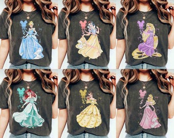 Camiseta de acuarela de princesas Disney con globo de Mickey, camiseta de Aurora, Ariel, Bella, Cenicienta y Tiana de Disney, viaje de chicas a Magic Kingdom y Disneyland