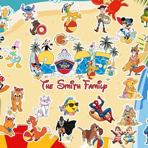May include: A colorful illustration of Disney characters on a beach with the text "The Smith Family 2025" in the center. The characters include Mickey Mouse, Minnie Mouse, Donald Duck, Goofy, Pluto, Stitch, Winnie the Pooh, Tigger, and many more.