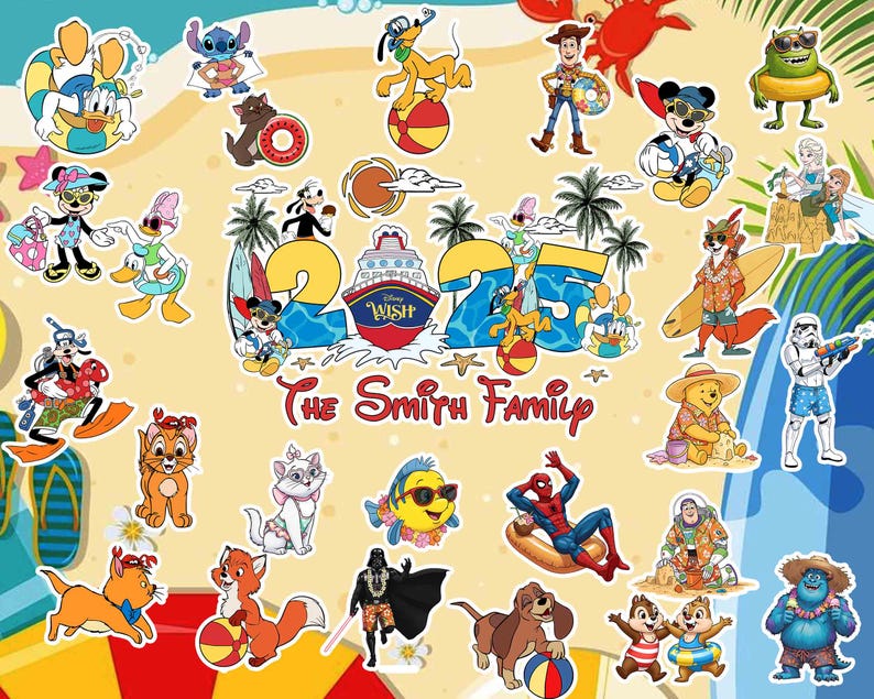 May include: A colorful illustration of Disney characters on a beach with the text "The Smith Family 2025" in the center. The characters include Mickey Mouse, Minnie Mouse, Donald Duck, Goofy, Pluto, Stitch, Winnie the Pooh, Tigger, and many more.