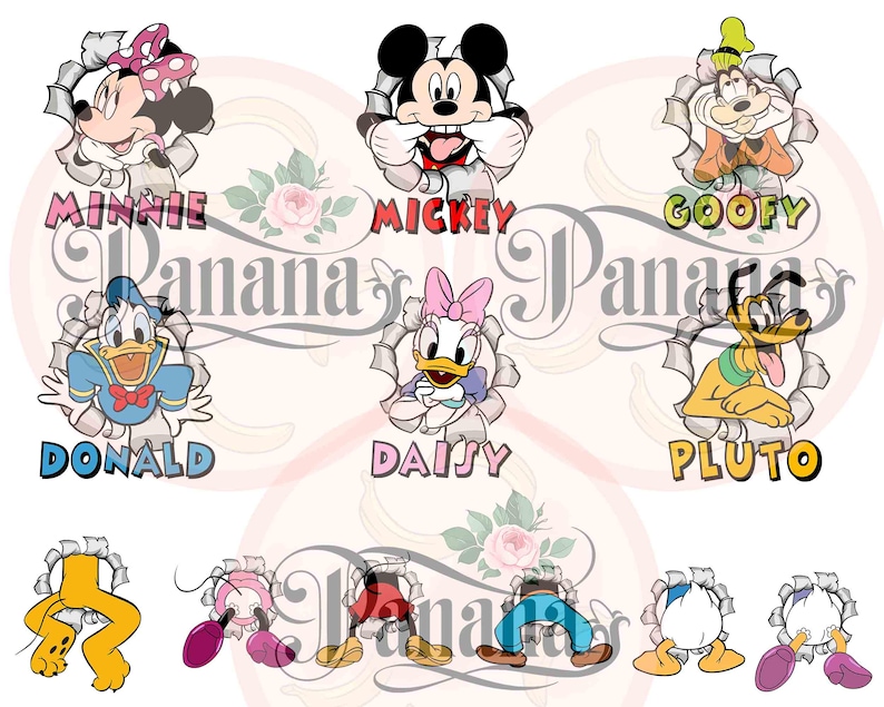 May include: A collection of cartoon character graphics, including Mickey Mouse, Minnie Mouse, Donald Duck, Daisy Duck, Goofy, and Pluto. Each character is depicted emerging from a torn paper effect, with their names displayed below in colorful text.