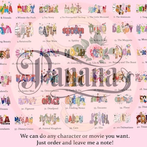 Puede incluir: Un fondo rosa presenta un dise&ntilde;o de texto colorido, cada uno representando una pel&iacute;cula o personaje, como "Toy Story", "Spidey" y "Cars". Tambi&eacute;n se ve el texto "We can do any character or movie you want".