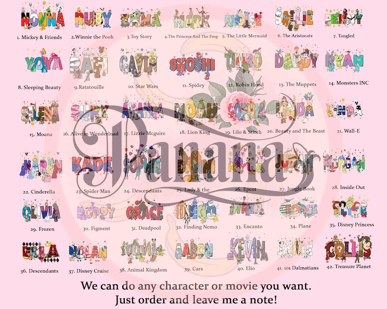 Puede incluir: Un fondo rosa presenta un dise&ntilde;o de texto colorido, cada uno representando una pel&iacute;cula o personaje, como "Toy Story", "Spidey" y "Cars". Tambi&eacute;n se ve el texto "We can do any character or movie you want".