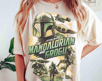 Vintage Star Wars The Mandalorian And Grogu Poster T-Shirt, Grogu Bounty Hunter Shirt, 90s Style Star Wars Shirt, Star Wars Fans Gift Tee