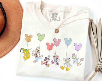 Camiseta retro de Disney Mickey y compañía con globos, camiseta cómoda de Disney Mickey y sus amigos, atuendo de vacaciones Disney, viaje familiar con globos de Mickey