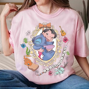 Maglietta Coquette con Lilo e Stitch in acquerello, Maglietta Disney Ohana Family Means, Maglietta Magic Kingdom, Maglietta Disneyland, Viaggio Disney per donne femminili