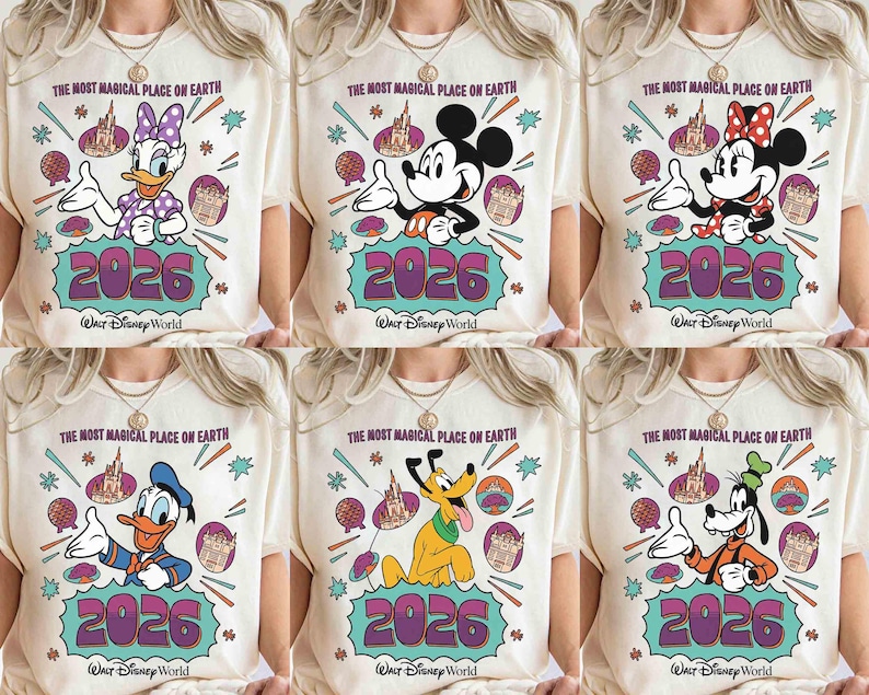 May include: Cream-coloured t-shirts featuring Disney characters: Daisy Duck, Mickey Mouse, Minnie Mouse, Donald Duck, Pluto, and Goofy. Each shirt has the text "THE MOST MAGICAL PLACE ON EARTH" and "2026 Walt Disney World" in a colourful design.