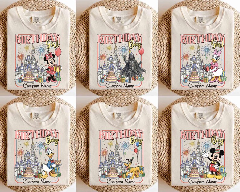 May include: Cream-colored t-shirts with birthday-themed graphics. Designs include "Birthday Girl" and "Birthday Boy" with Disney characters like Minnie Mouse, Darth Vader, Daisy Duck, Donald Duck, Pluto, and Mickey Mouse. Each design includes a castle and space for a custom name.