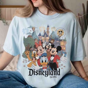 May include: Light blue t-shirt featuring a colorful graphic of Disney characters including Mickey Mouse, Minnie Mouse, Donald Duck, and Goofy in front of a castle and fireworks. The word "Disneyland" is printed in a stylized font.