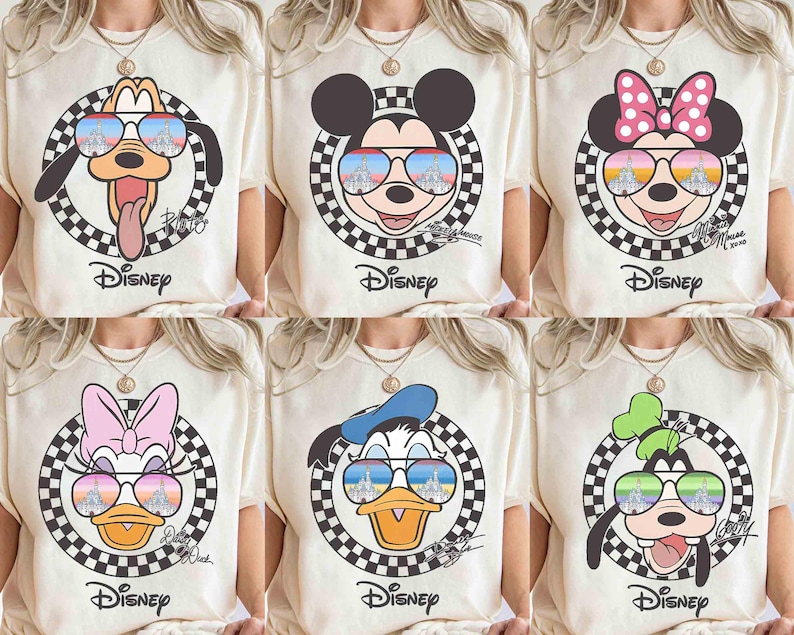 May include: Six different t-shirts featuring various Disney characters wearing sunglasses. Each character is surrounded by a checkered pattern and the word "Disney" is printed below. The characters include Mickey Mouse, Minnie Mouse, Donald Duck, Goofy, Pluto, and Daisy Duck.