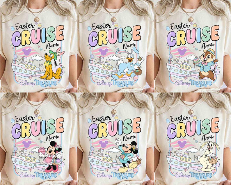K&ouml;nnte beinhalten: Cremefarbene T-Shirts mit dem Text "Easter Cruise" in Pastellfarben, mit Disney-Figuren wie Pluto, Donald Duck, Chip, Minnie Mouse, Mickey Mouse und einem Hasen. Die Shirts haben eine Kreuzfahrtschiff-Grafik.